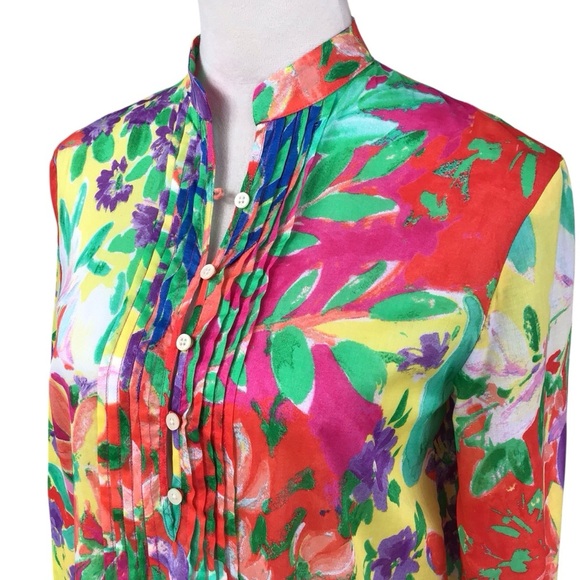 Lauren Ralph Lauren Floral Pin Tuck Cotton Tunic Blouse Size SP - Picture 8 of 10